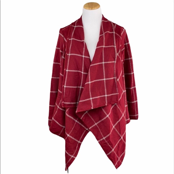 Bohemian Red Plaid Draped Open Front Jacket - Picture 3 of 12